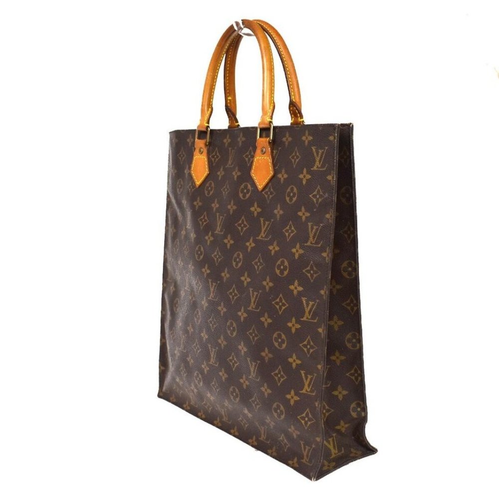 LOUIS VUITTON Logo Sac Plat Hand Tote Bag Monogram Leather Brown - Picture 15 of 15